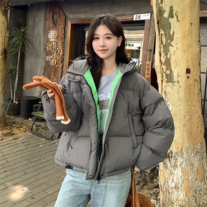 灰色撞色连帽羽绒服女冬2025新款超火好看高级小众加厚面包服外套图片