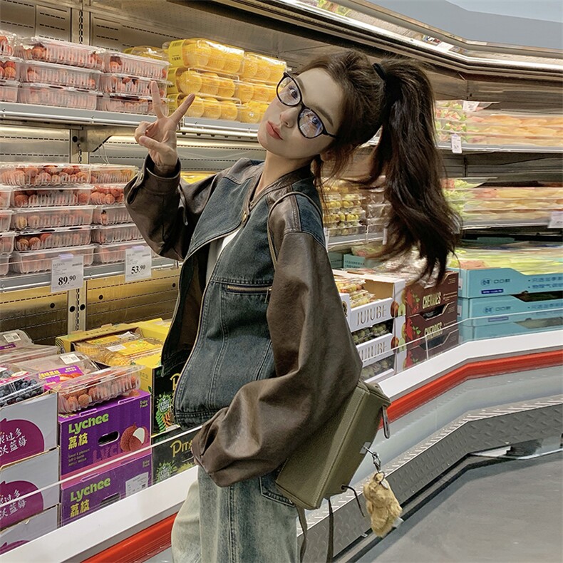 美式复古牛仔拼接皮衣外套女2025年春季新款今年流行小个子短外套，女装皮衣，浙宝189