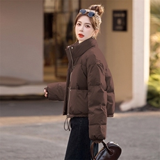 米白色立领短款羽绒服女2025冬新款小个子休闲简约时尚面包服外套，女装羽绒服，木子恋