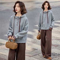 蓝色加绒连帽卫衣女2025冬季新款加厚两件套装宽松直筒卫裤撞色，女装卫衣/绒衫，梦懿尔