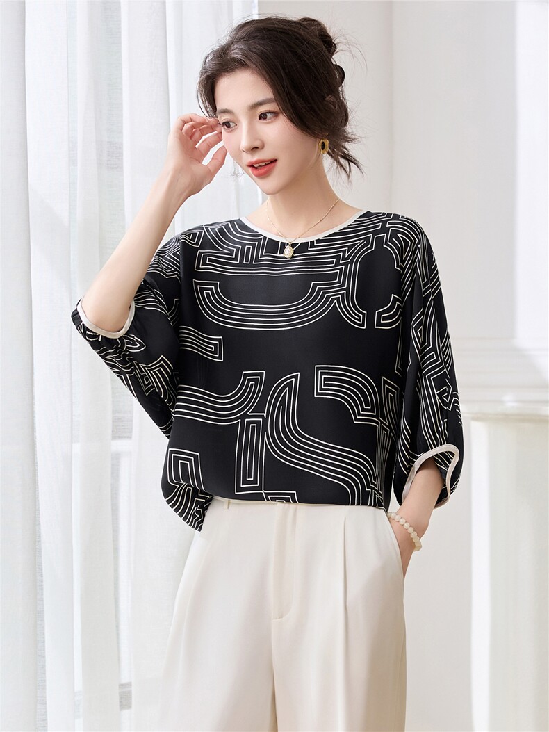 印花缎面真丝衬衫女中袖小衫2025年夏季新款宽松杭州真丝上衣,女装衬衫,阿舍尔精品