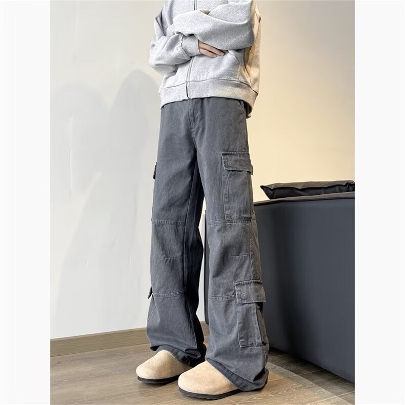 现货灰色伐木工装裤多口袋立体做旧微喇宽松休闲直筒口袋工装裤，男装工装外套，星座302B-3