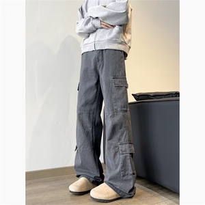 现货灰色伐木工装裤多口袋立体做旧微喇宽松休闲直筒口袋工装裤,男装工装外套,星座302B-3