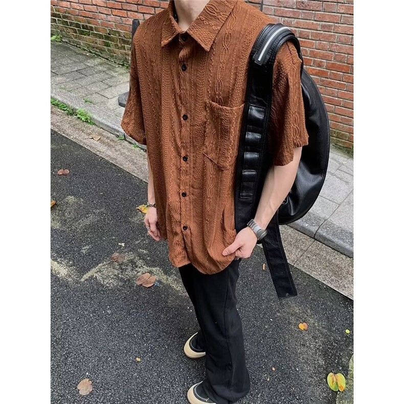 夏季韩版复古提花镂空衬衣慵懒风设计感短袖衬衫男宽松上衣t恤潮,男装衬衫,星座506A