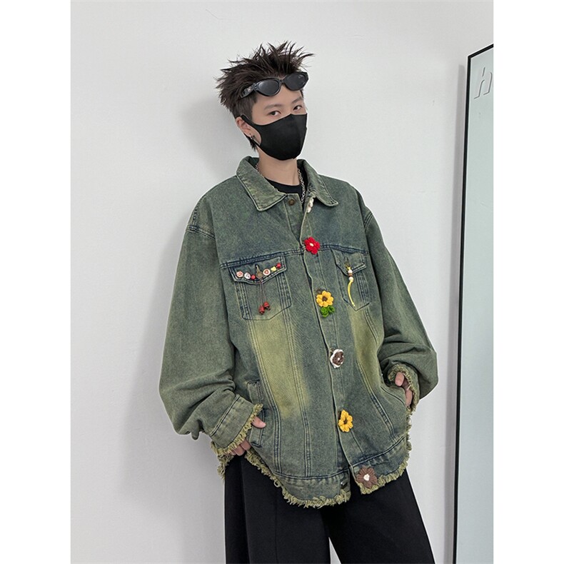 做旧水洗牛仔外套女花朵设计感宽松百搭休闲夹克JK0258-P78,男装工装外套,星座308B-2