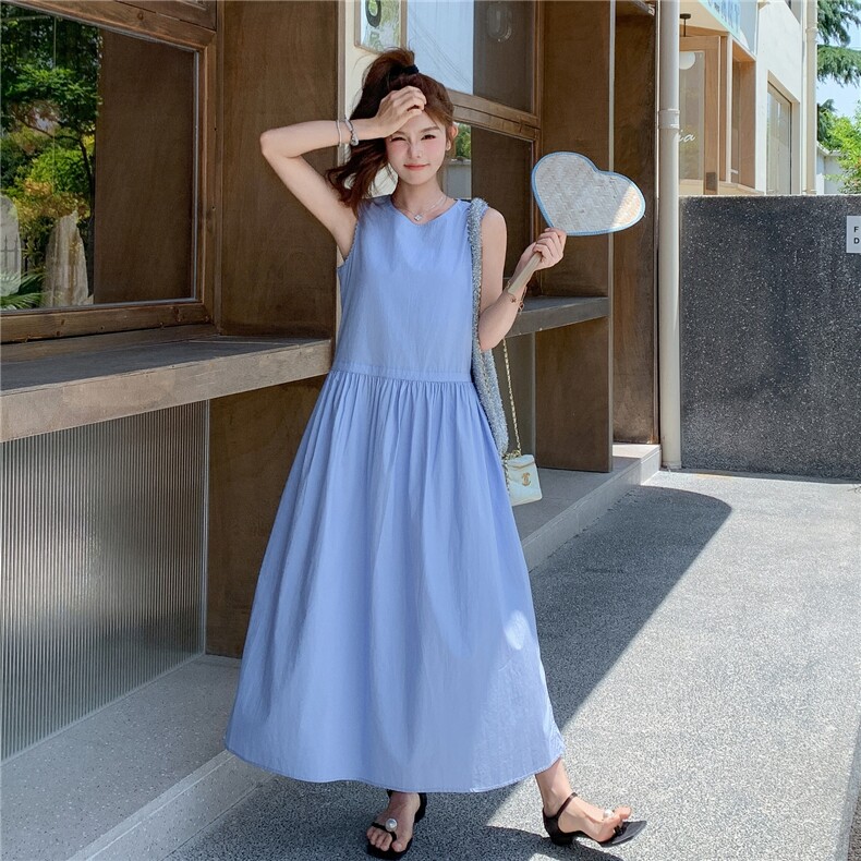 蓝色小清新温柔风无袖连衣裙女夏季2025年新款韩系ootd穿搭背心裙，女装连衣裙，2C159