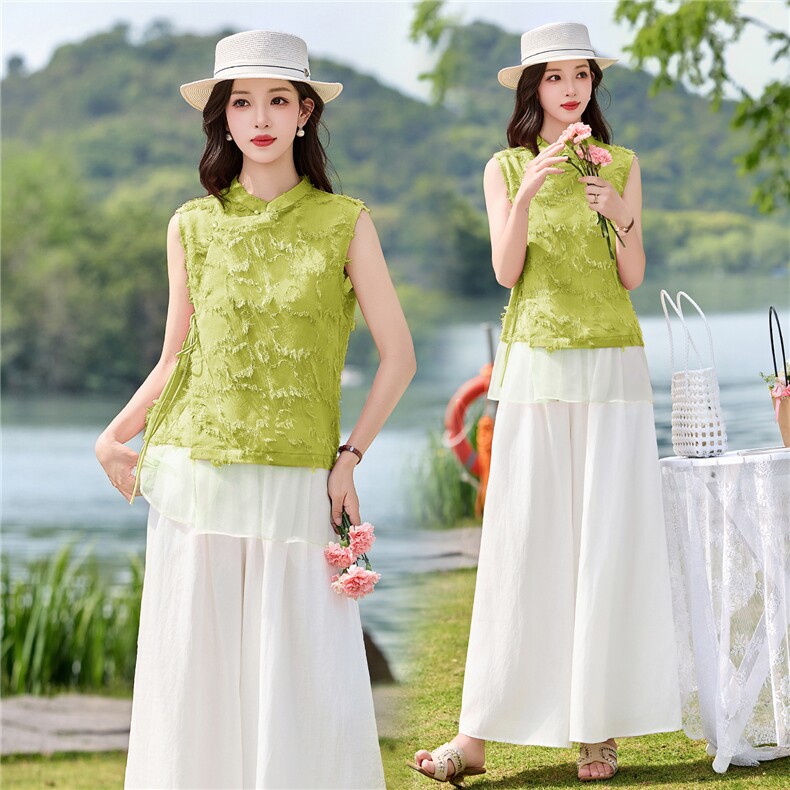 现货2026年夏季新中式上衣麻料阔腿裤子，可分开卖,女装套装/套裙,艾仟回(原伊仟回)