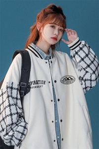 中性风 棋盘格拼接设计感排扣棒球服宽松夹克外套 G702 p85控98图片