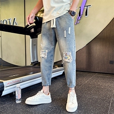 社会小伙2025春夏新款男士破洞牛仔裤潮牌男生九分裤子901H13P58，男装牛仔裤，星座901