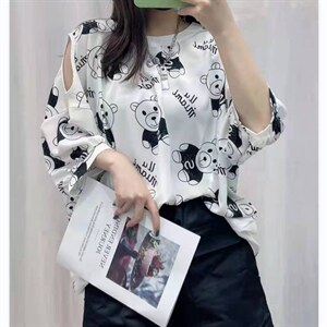 活动价露肩宽松大版雪纺衫休闲百搭印花小熊小衫上衣高品质，女装蕾丝衫/雪纺衫，美吧服饰