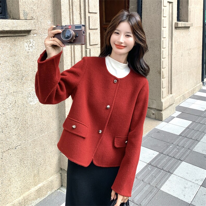 高端气质双面羊毛外套女冬季红色复古显瘦气质圆领短款毛呢上衣潮,女装毛呢外套,2C273