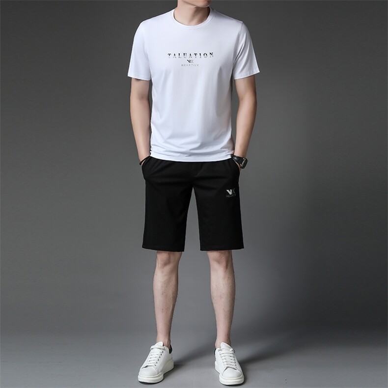 夏季休闲冰丝短袖套装男士POLO衫中老年圆领薄款t恤长裤三件套,男装休闲套装,电商B212（原钱塘6029）