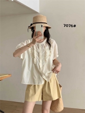2025年夏季短袖圆领落肩袖修身型兰精天丝木耳朵重工小衫，女装衬衫，洛丽兰可
