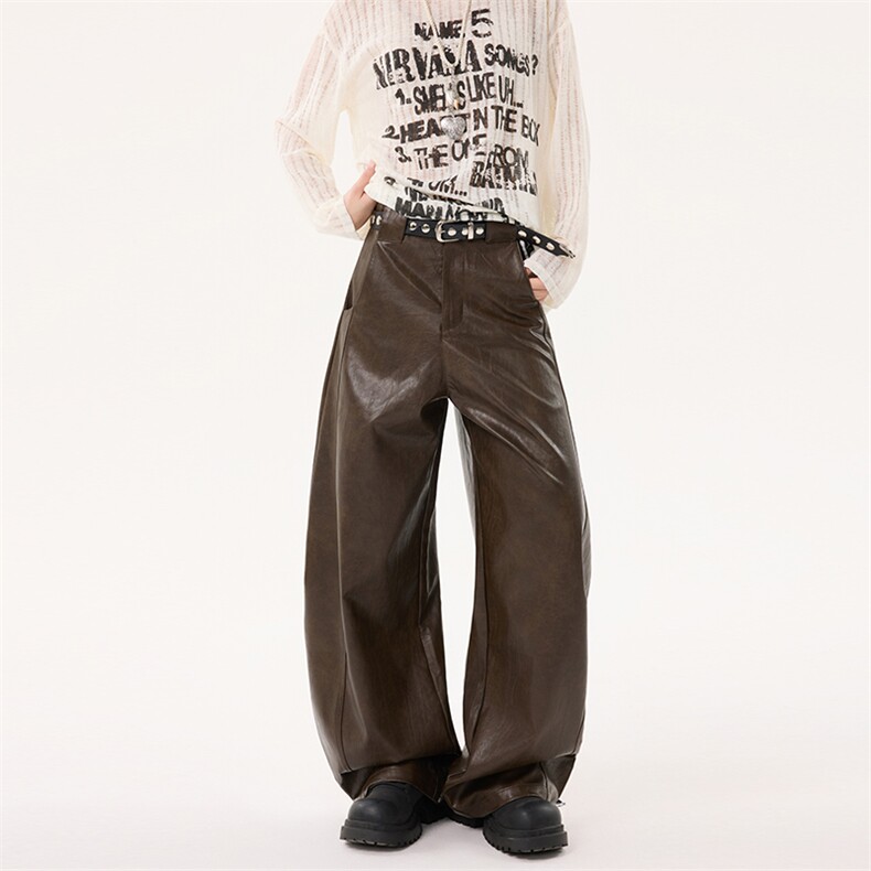 中性风皮裤女秋冬款潮流机能PU皮弯刀裤宽松显瘦阔腿裤YD9068-P75，男装皮裤，星座509