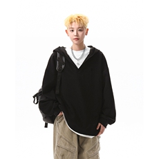 8XL-M叠穿假两件卫衣重磅连帽V领拼接套头衫宽松大码外套WY006P65，男装卫衣，电商B312