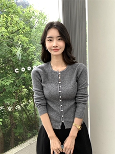 秋冬新款圆高领女纽扣修身开衫上衣针织衫百搭图片
