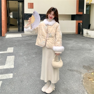重工亮片刺绣新中式古典风狐狸毛羽绒服5176-P430-K638图片