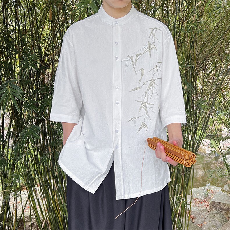 现货夏季新中式男士大码竹叶刺绣百搭短袖衬衫T29-P65,男装T恤,电商A021