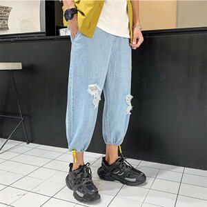 2021春夏季M84破洞九分裤韩版割烂牛仔裤基础男女裤港风Q