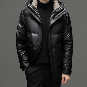 新款男士中长款皮衣羽绒服连帽冬季加厚中年爸爸保暖外套图片