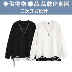 光板得物\唯品二开秋季拼色割烂假两件圆领卫衣配项链CT03TP45，男装卫衣，电商A247B
