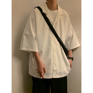 C6026/P35夏款港风弹力短袖衬衣宽松大码开衩衬衫男图片