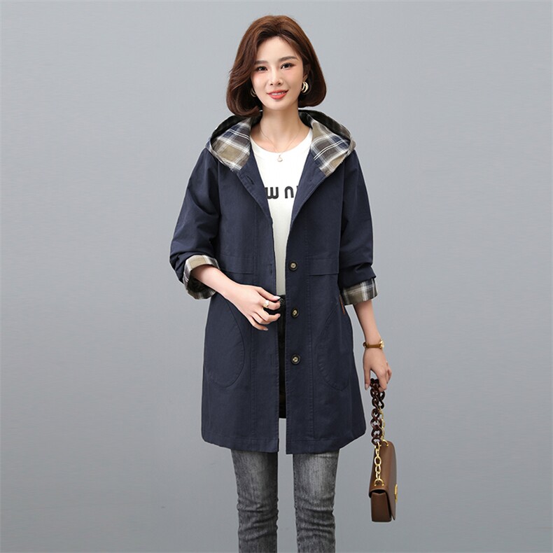 纯棉连帽风衣女中长款2025春秋新款中年妈妈休闲宽松大码洋气外套,女装风衣,秋牧寒烟