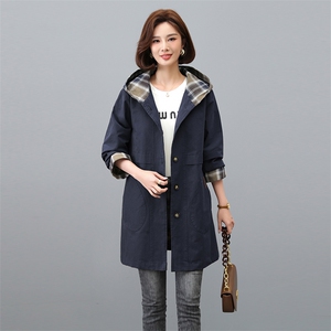 纯棉连帽风衣女中长款2025春秋新款中年妈妈休闲宽松大码洋气外套图片