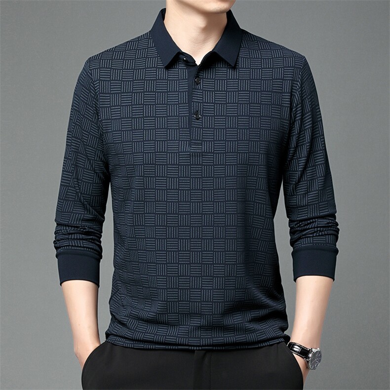 新款秋季长袖T恤翻领打底上衣中老年男士商务休闲条纹polo衫，男装Polo衫，钱塘6003（原4033）