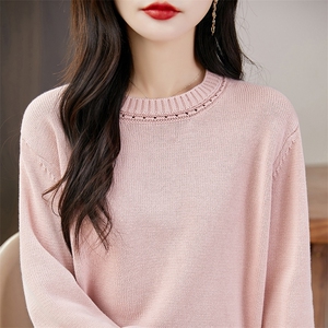100%纯棉针织衫长袖毛衣女圆领纯色加厚棉麻上衣宽松百搭休闲打底图片