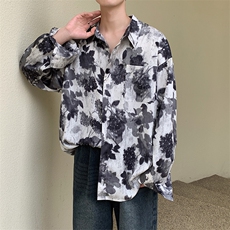 风水墨画高级感上衣男式衬衣复古树叶衬衣男装春225-2-CS705，男装衬衫，星座225-2