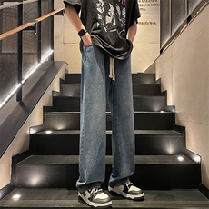 港风春季新款直筒牛仔裤男潮牌美式复古松紧系带长裤K8001-P28，男装牛仔裤，星座214-3