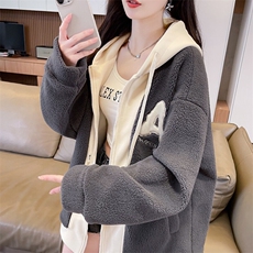 CC080-P130加厚羊羔毛外套女2025秋冬新款宽松百搭拼色假两件连帽，男装棉衣，星座911-3