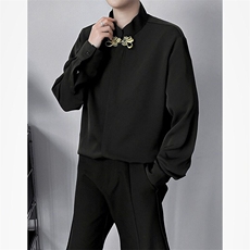 新中式男生衣服春季黑色衬衫男款穿搭长袖金扣休闲潮CY1078-P33，男装衬衫，星座412-2
