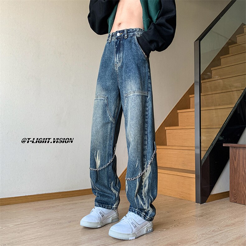 B221 美式ins高街小众个性链子扎染直筒牛仔裤 LK22082-P65 控88图片