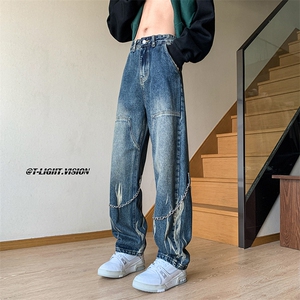 B221 美式ins高街小众个性链子扎染直筒牛仔裤 LK22082-P65 控88图片