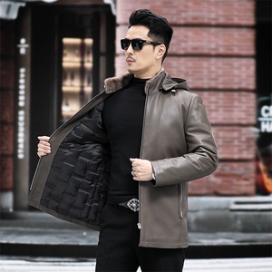 冬季新款男士真皮羽绒服水貂领连帽外套绵羊皮中长款皮衣P880图片