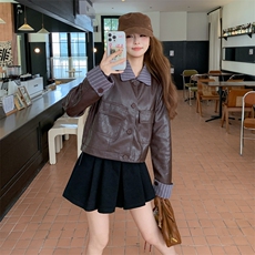 甜酷条纹短款pu皮衣半身裙套装女2025春秋季新款高级感显瘦两件套，女装套装/套裙，2D148