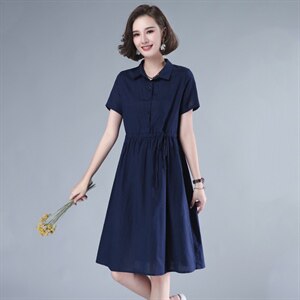 2021年夏季排扣中长款POLO领短袖纯色妈妈连衣裙棉麻韩版裙子图片