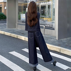 2025年秋季新款时尚潮流牛仔配色两件套裤，女装套装/套裙，超帛