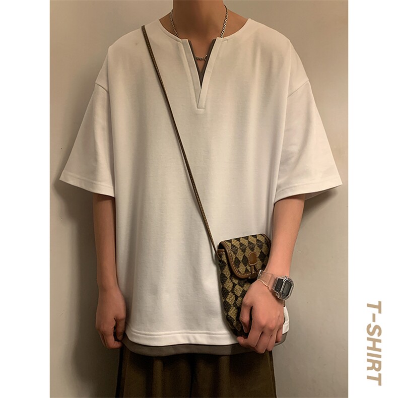 短袖男港风暖光体恤夏季休闲百搭纯色V领T恤男上衣TC3134-P30控50,男装T恤,星座717