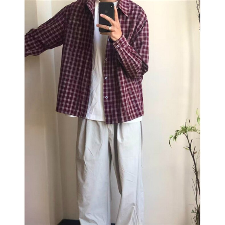 复古红色格子衬衫外套男女宽松衬衣休闲新款长袖上衣C216,男装衬衫,星座1116A（原606A-3）