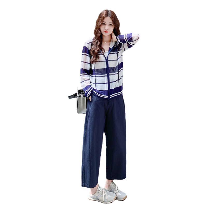 连帽条纹开衫休闲裤套装女夏巨好看两件套大方得体休闲松驰感,女装套装/套裙,2D148