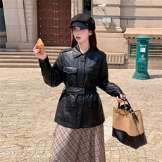气质复古收腰黑色皮衣外套女春秋2025新款小个子机车服PU夹克流行，女装短外套，2C030