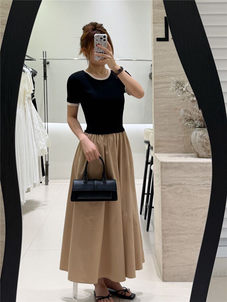 拼色圆领短袖拼接纯棉半身裙,女装连衣裙,优麦羊绒（原洪叶羊绒）