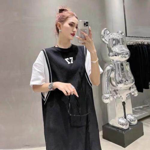 AX9607夏季新款字母印花拼接件两件韩版宽松中长显瘦连衣裙，女装连衣裙，L·H·X