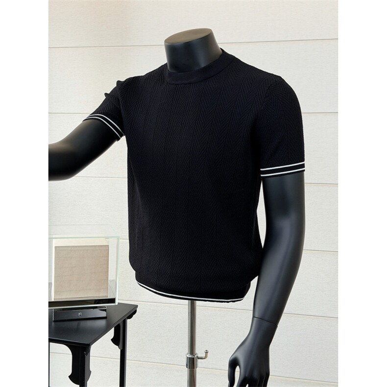 黑色肌理感圆领套头T恤冰丝针织衫短袖K87001-P53，男装T恤，星座1012-1