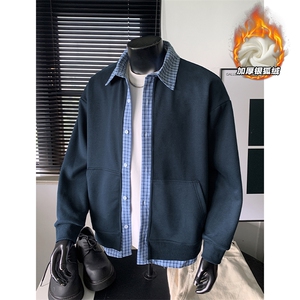 450g重磅加厚银狐绒假两件格子男卫衣外套W5436J加绒-特P55控99,女装短外套,电商A001-1