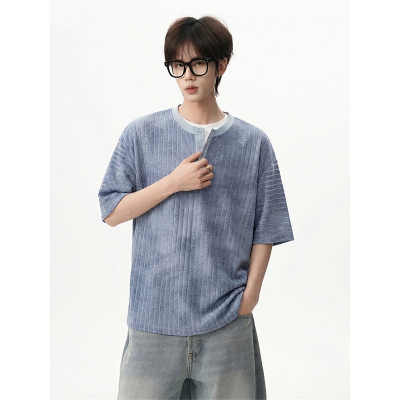 街头复古宽松日系扎染T恤极简质感亨利领竖条纹短袖HY925TP35控58，男装T恤，电商A102B
