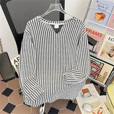 美式高街千鸟格子长袖T恤男女亨利V领英伦雅痞休闲宽松长袖打底衫，男装T恤，电商A443